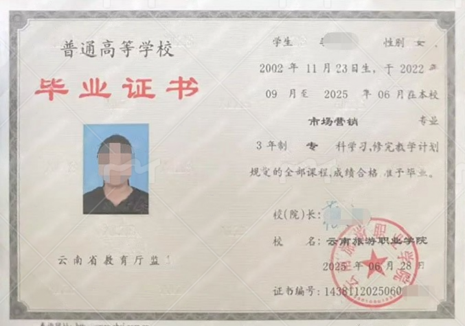 云南旅游职业学院2025年普通全日制专科毕业证书样本图片（市场营销）